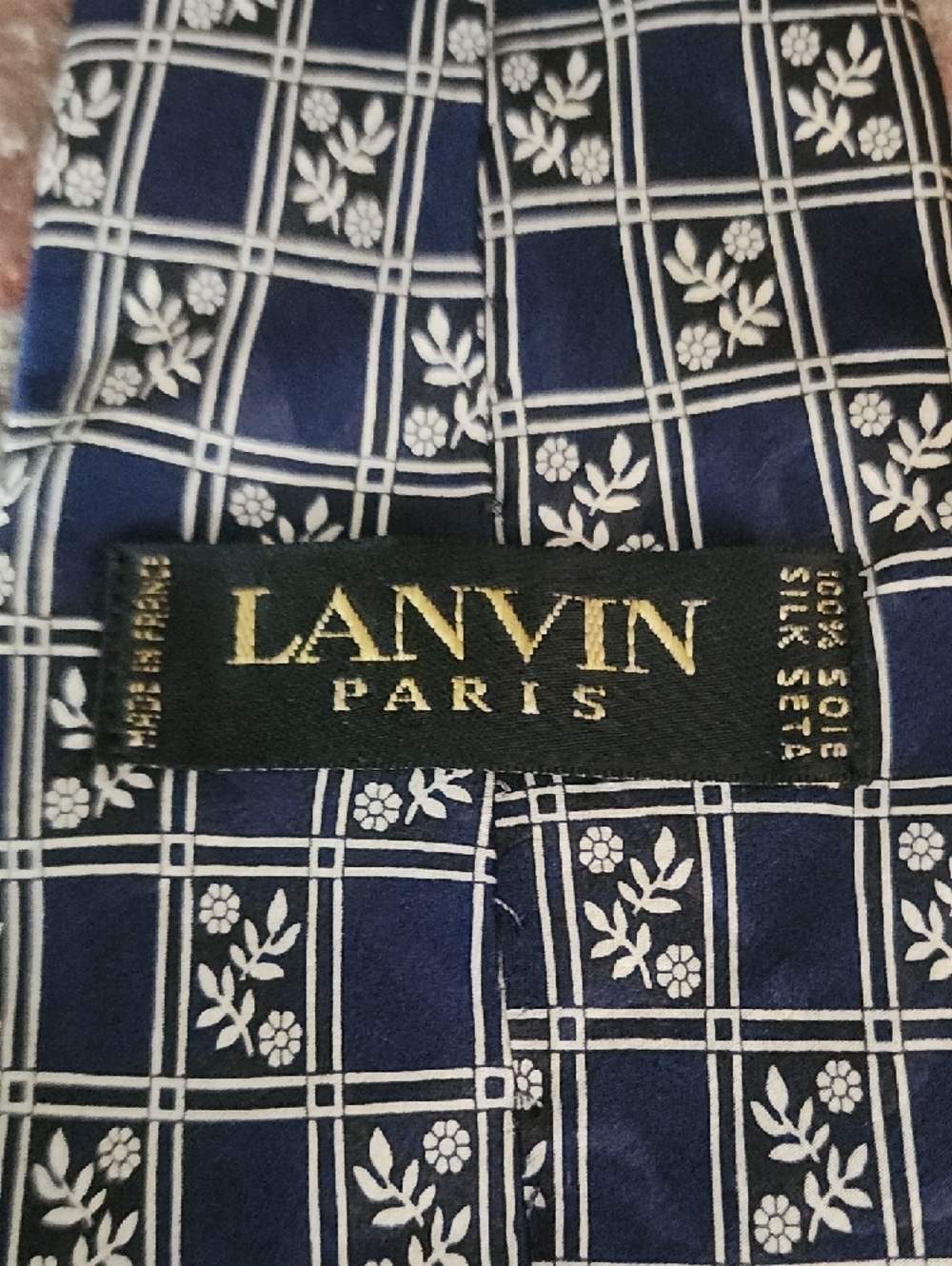 Lanvin Paris Silk Tie Navy Blue White Floral Grid Designer Necktie Italy - Picture 3 of 9